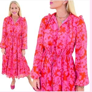 Sugarlips Charlotte Pink & Orange Metallic Ruffle Trim Midi Dress size M